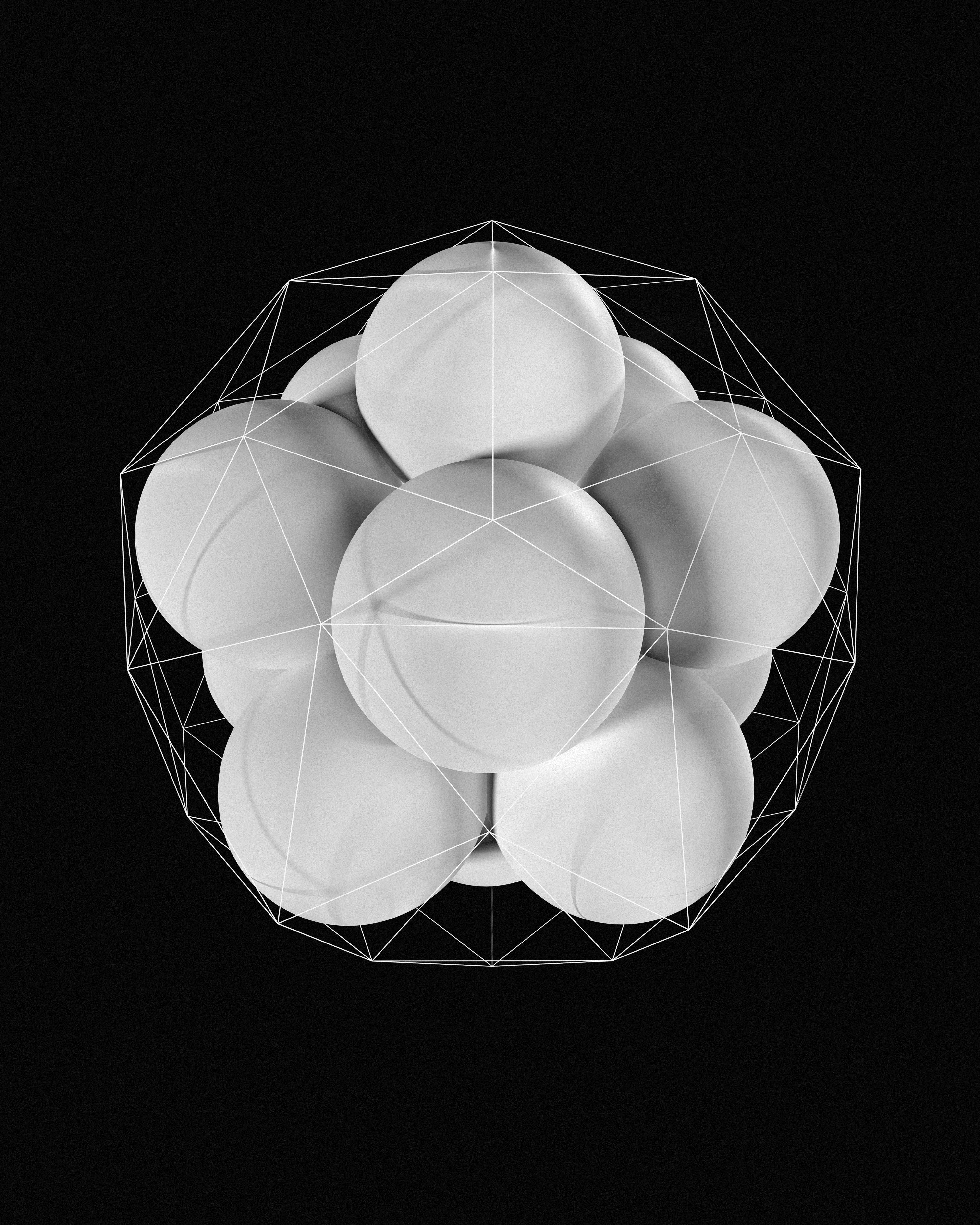3D geometric spheres with wireframe on black background
